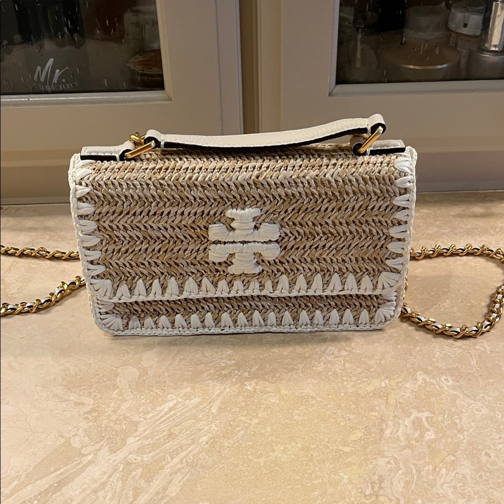 Tory Burch Woven Crossbody Bag in Tan and White